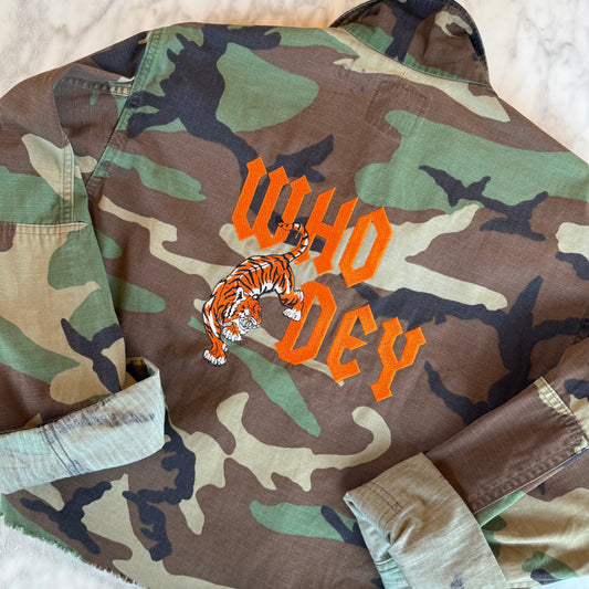 Who Dey Embroidered Upcycled Army Camo Cropped Jacket