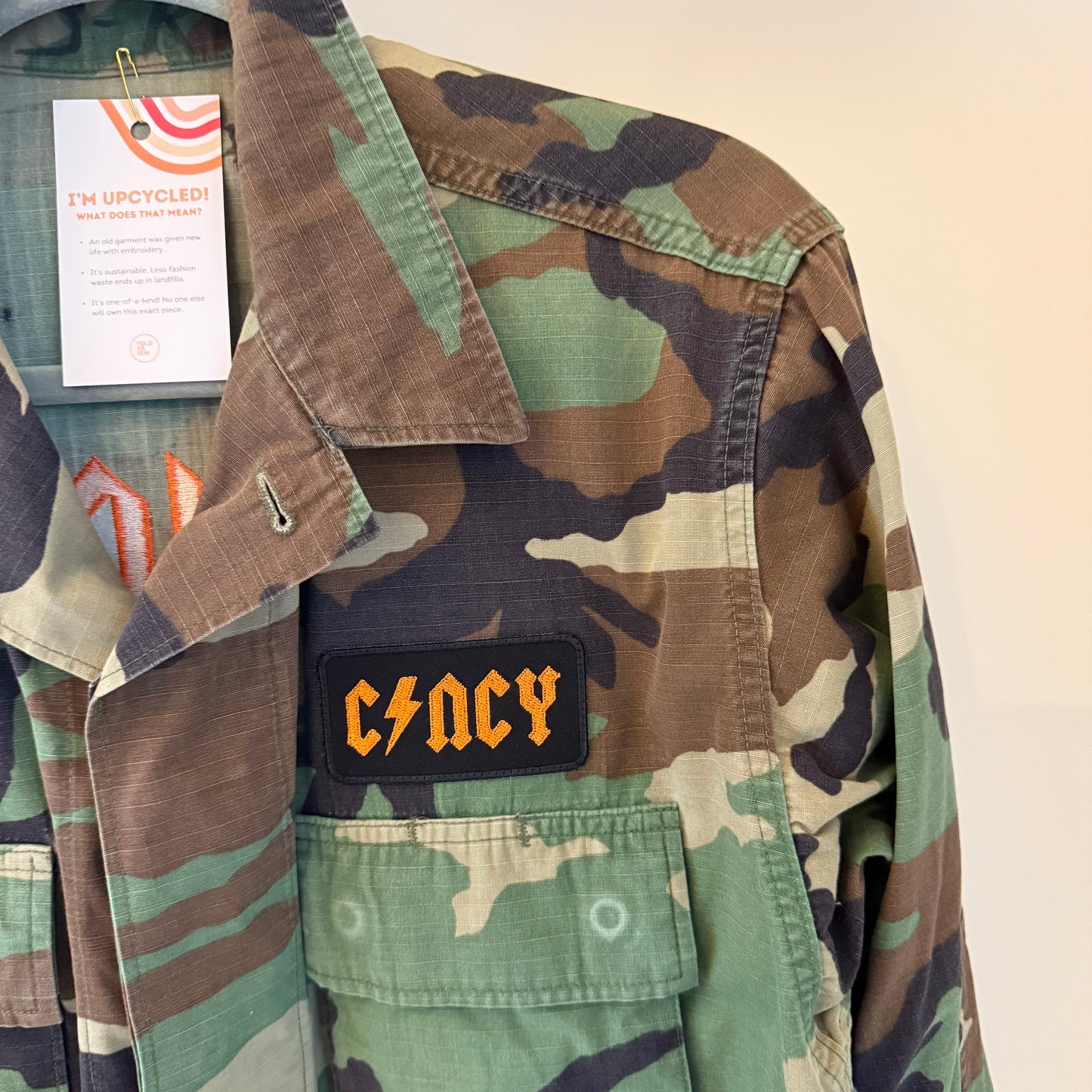Who Dey Embroidered Upcycled Army Camo Cropped Jacket