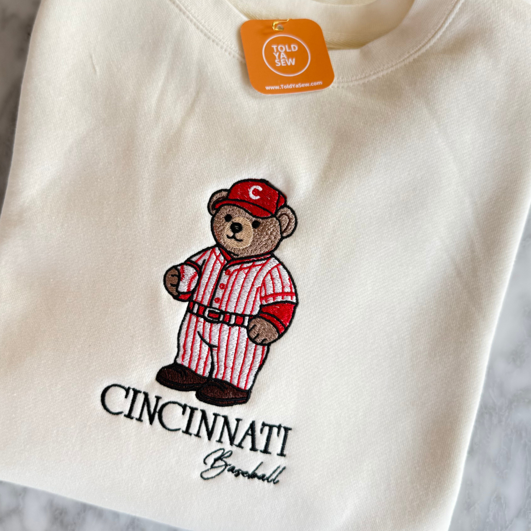 Cincinnati Reds Baseball Teddy Bear Embroidered Crewneck